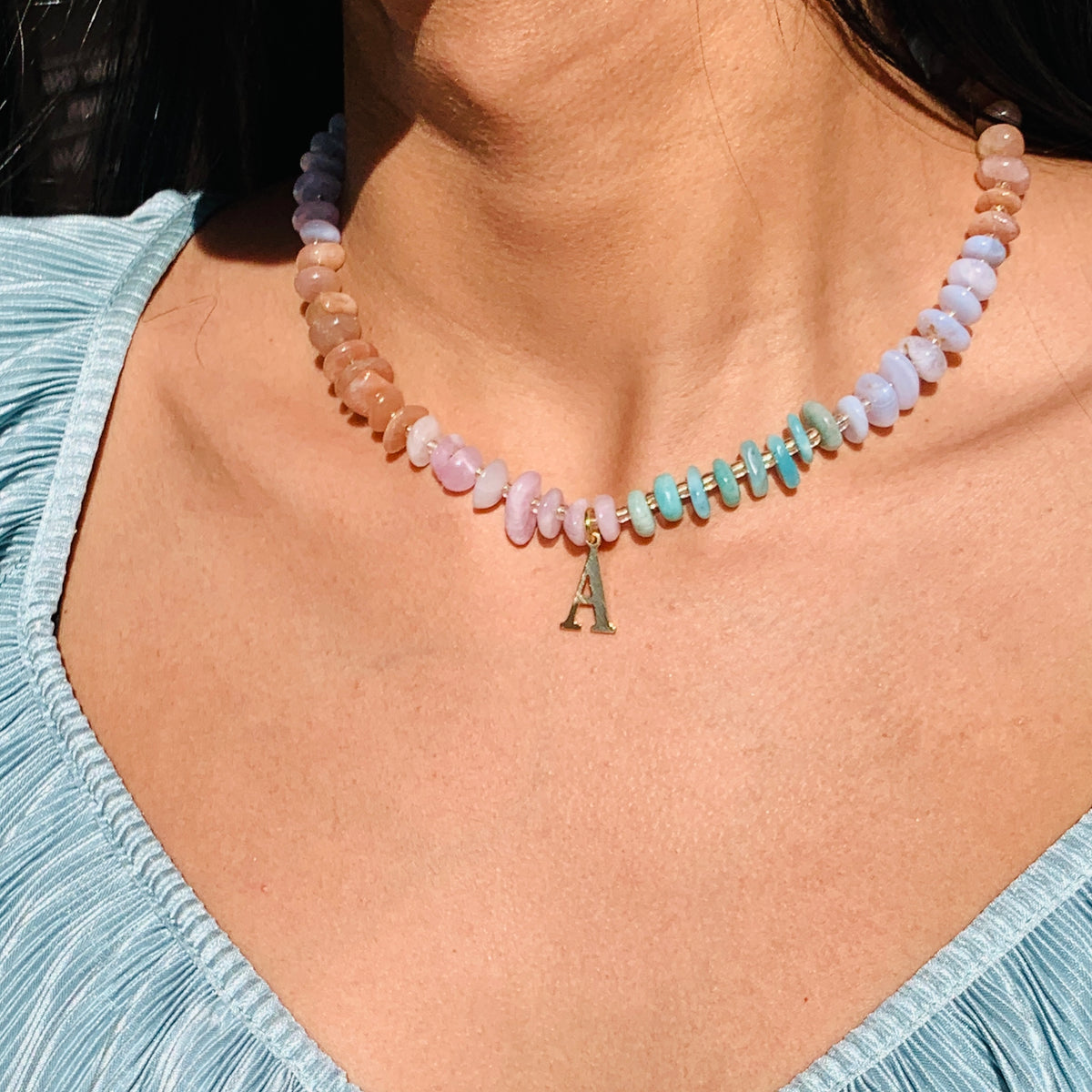 Mixed Gemstones Initial Beaded Necklace