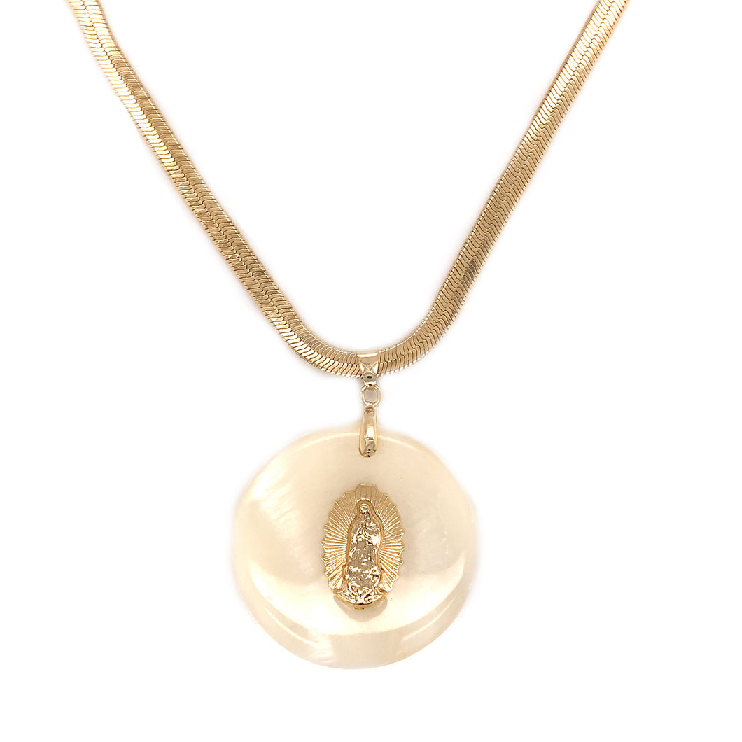 Virgin Mary Shell Pearl Herringbone Necklace